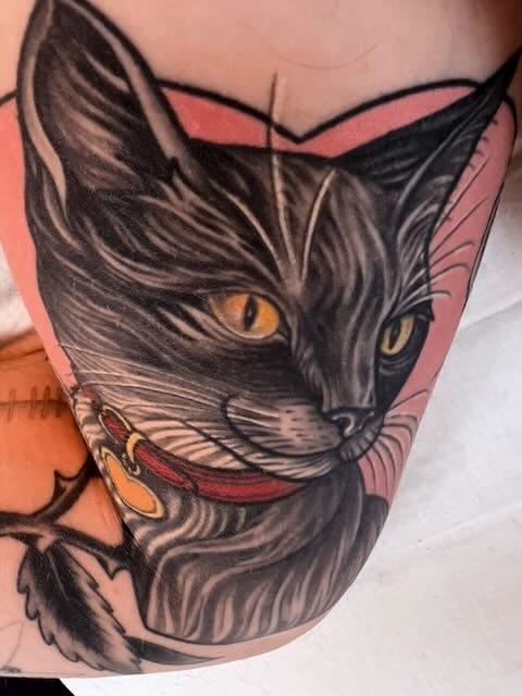 A tattoo covering the inside of a bicep of the black cat with white chest markingsā face. He is wearing a red collar with a golden heart tag, and is framed by a large pink heart.