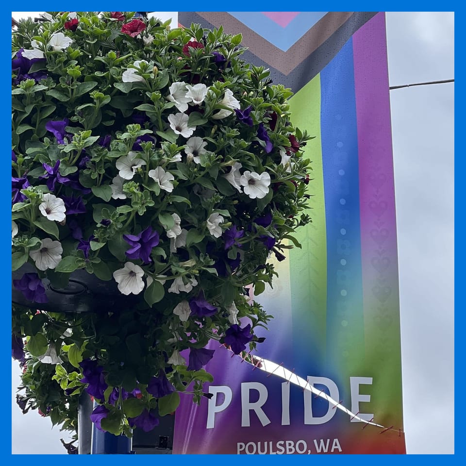 A hanging basket of white and purple flowers next to a rainbow flag with a stitched-together rip through the word “Pride.”